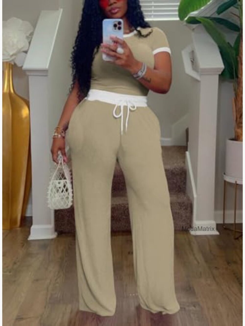2 Piece Lounge Set Short Sleeve Wide Leg Pants Tracksuit - Picture 4 of 5